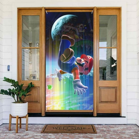Super Mario Galaxy Door Cover Decorated Banner Tapestry Home Decoration Holiday Party Supplies Door Banner Porch Sign Banner 72.8 x 35.4 Inch