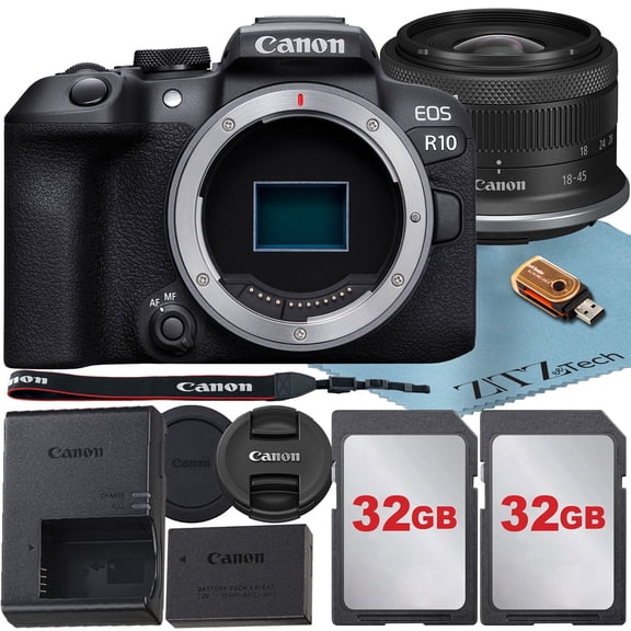 Canon EOS R10 Mirrorless Camera (International Version) with RF-S 18-45mm f/4.5-6.3 IS STM Lens   2 Pack 32GB Memory Card   ZeeTech Accessory Bundle