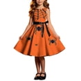 thumbnail image 2 of Girls' Halloween Zip Dress Spooky Tree Bat Print Sleeveless Round Neck Satin Bow Belt Flared Swing Skirt Kids Party Costume for Girls 4-14Y, Halloween Costumes for Girls Orange 7 Years, 2 of 9
