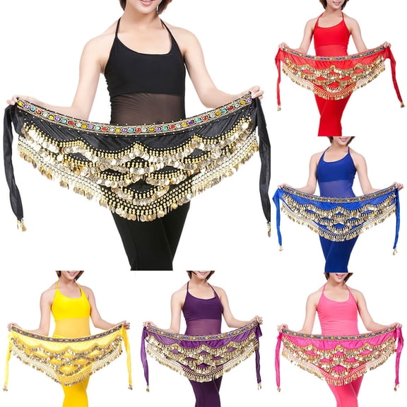 IQOGKRN Hip Scarf for Belly Dancing Women's Belly Dance Scarf with Gold Coins Skirts for Bellydance Black One Size