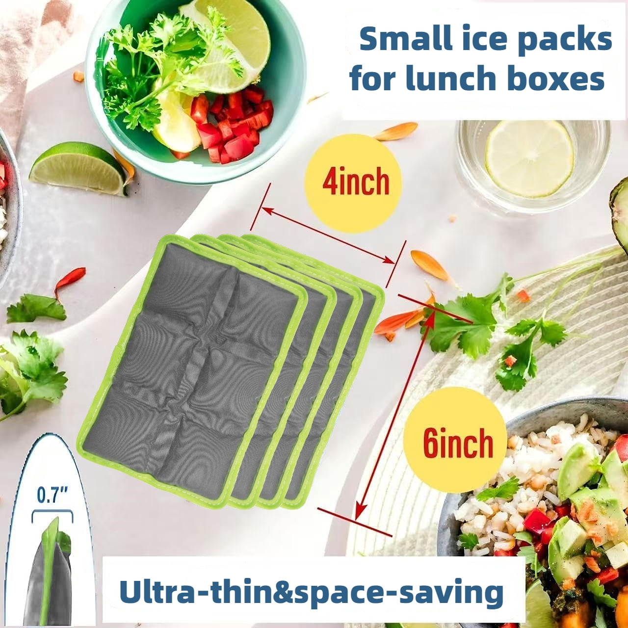 Ice Packs for Lunch Boxes & Coolers, Slim Reusable Space Saving Cooler Ice Packs,Water Absorption (6”x4”x0.7”) , Non-Toxic Cooler for Picnic,Sports & Camping (4Purple+4Green)
