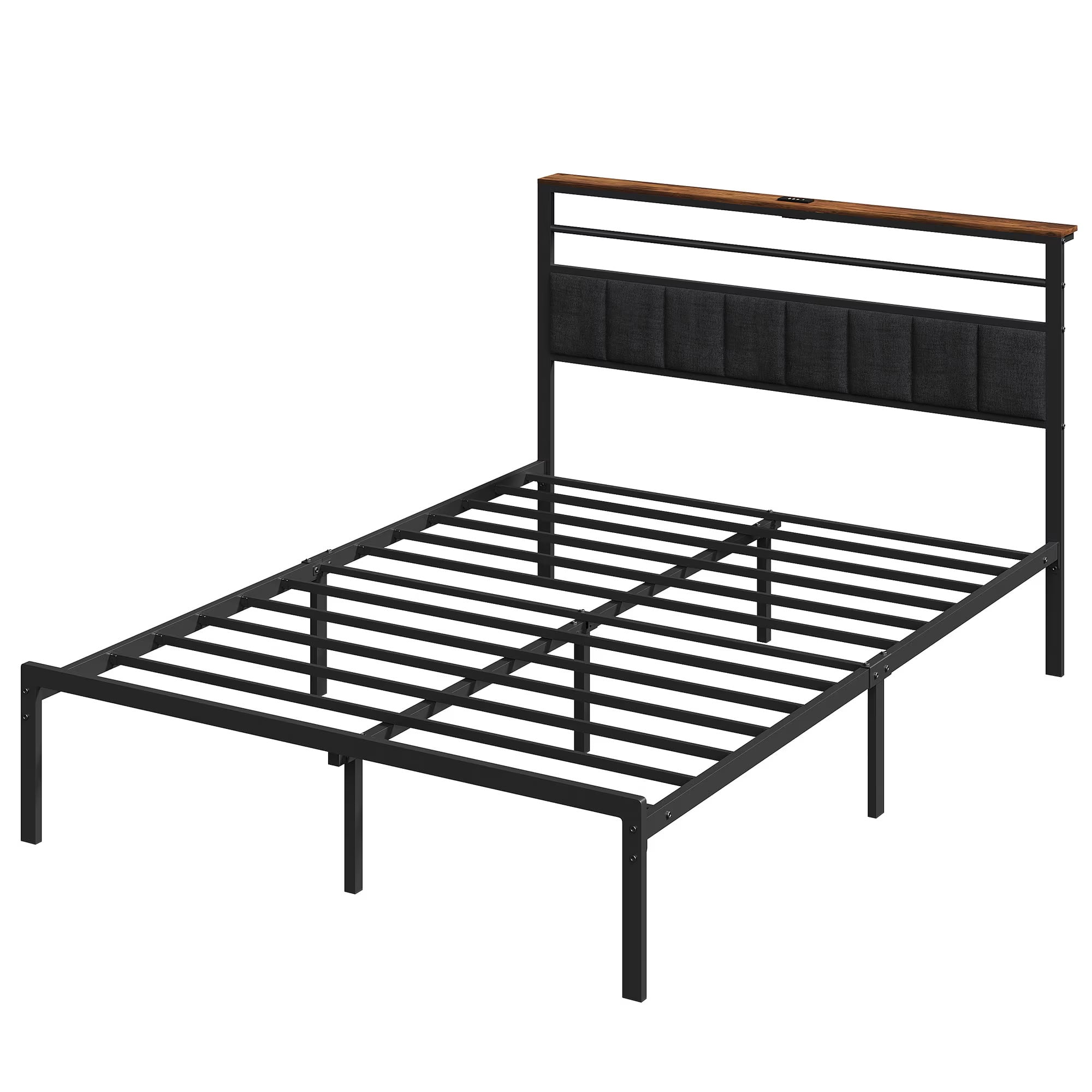 MAYEERTY Queen Size Bed Frame with Charging Station, Heavy Duty Metal Platform Bed with Upholstered Headboard, Support 700 lbs, for Bedroom Dorm