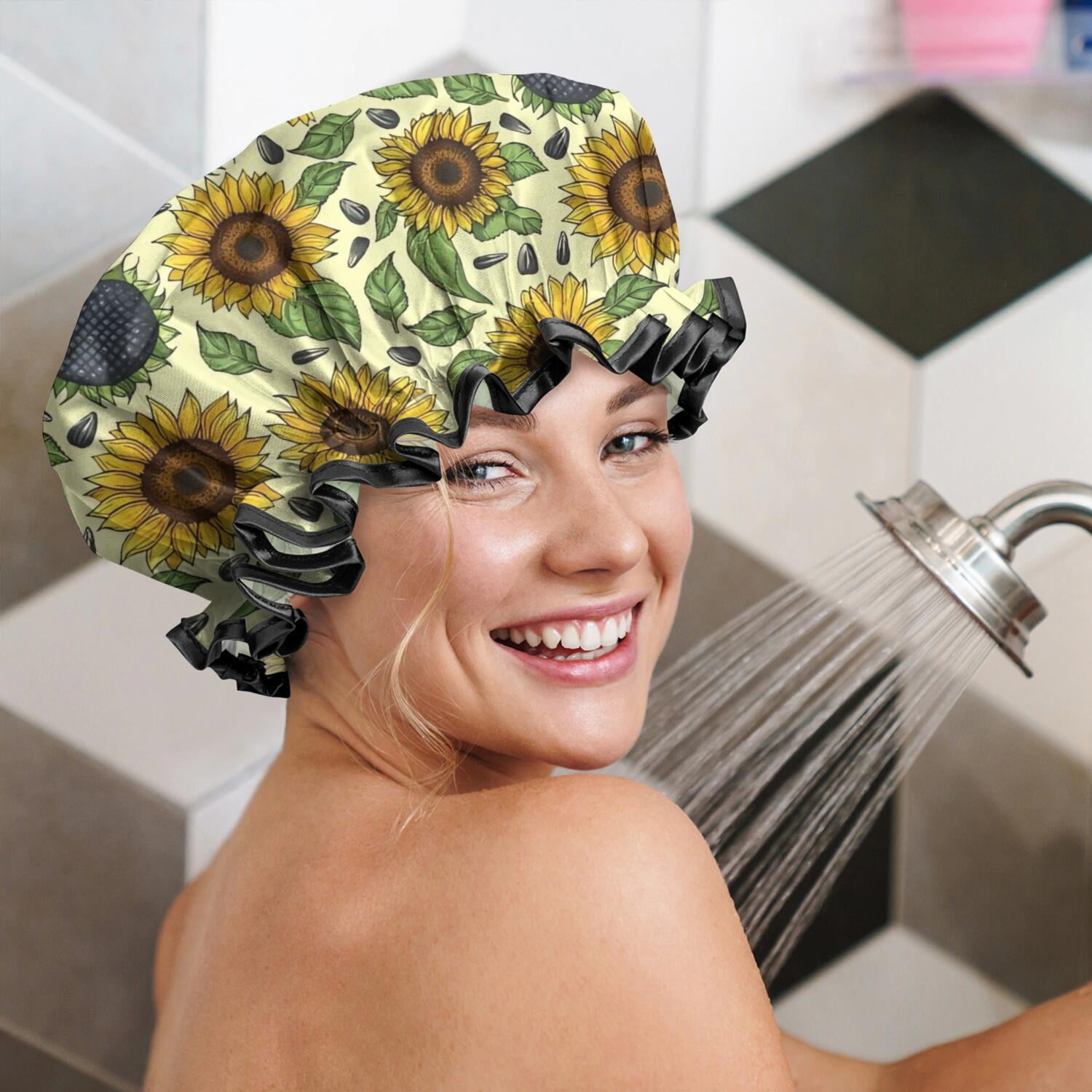 Shower Caps,Yellow Sunflower Seed Leaf Pattern Waterproof Shower Cap for Women 4 Pieces,Double Reusable Hair Cover for Shower PEVA Elastic Stretch Hem