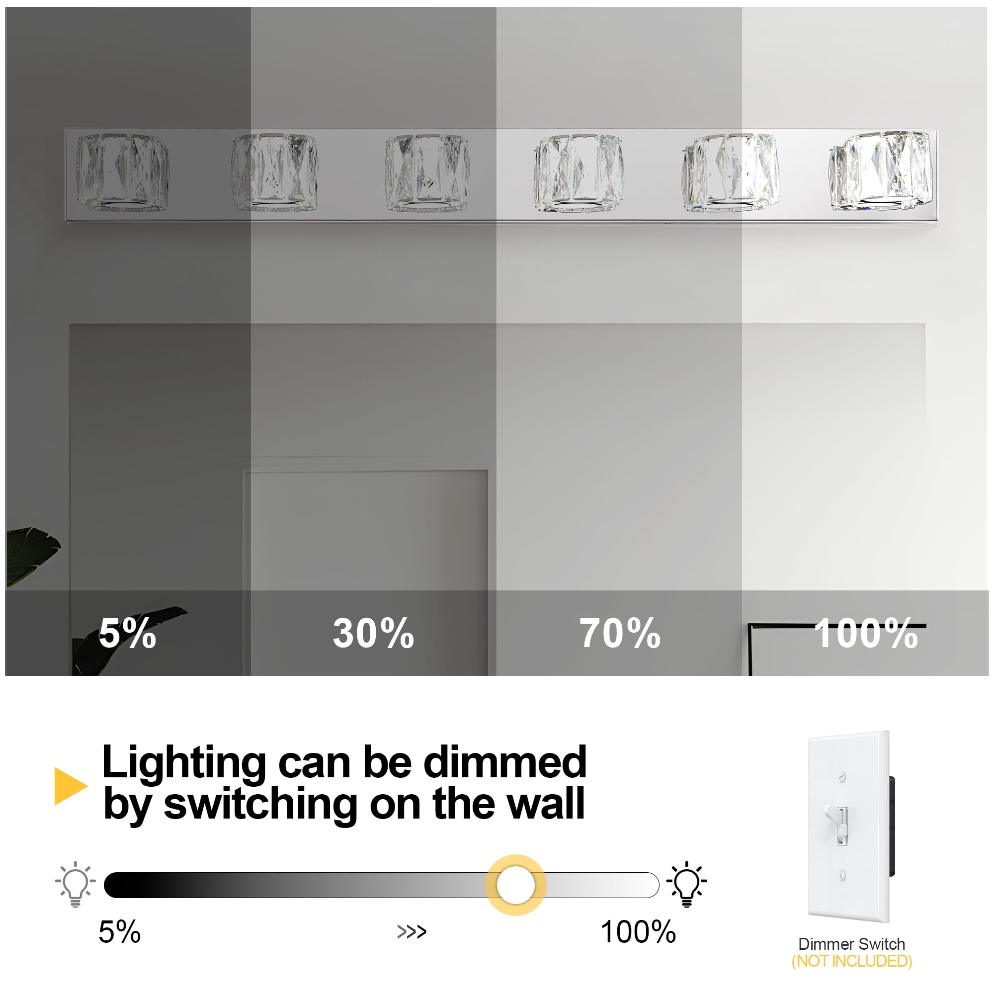 6 Lights Bathroom Crystal Modern Vanity Light 40.9in Vanity Lights for Bathroom - Dimmable LED Over Mirror Cool White Light Bath Light Fixtures Chrome