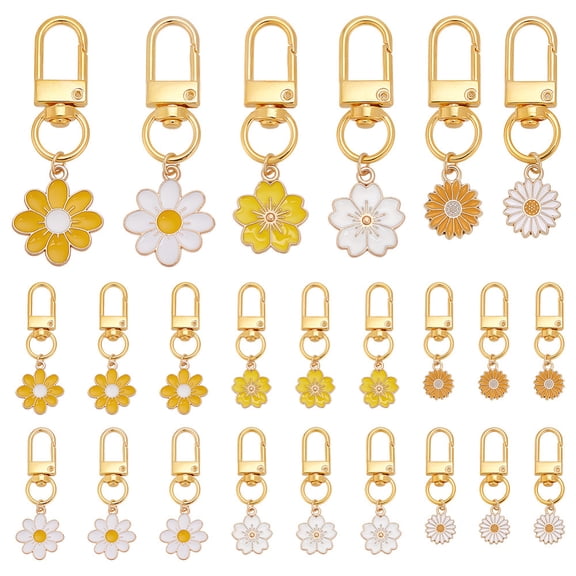 24pcs Enamel Flower Keychain 6 Styles Bulk Cute Daisy Key Chains Charms Gold Floral Key Ring Handbag Charms