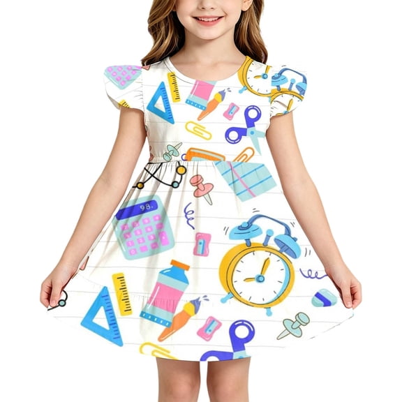 Girl' Dresses Back To School Lightweight Flutter Sleeve Ruched Crew Neck Cartoon Print Dress School Uniforms for Girls Size 3-4 Years
