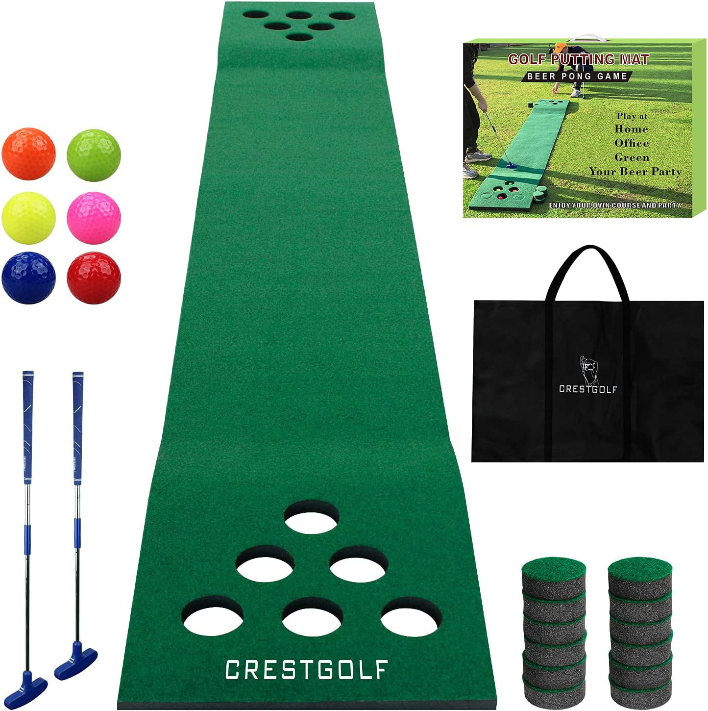 Golf Pong Mat Game Set Green Mat,Golf Putting Mat with 2 Putters