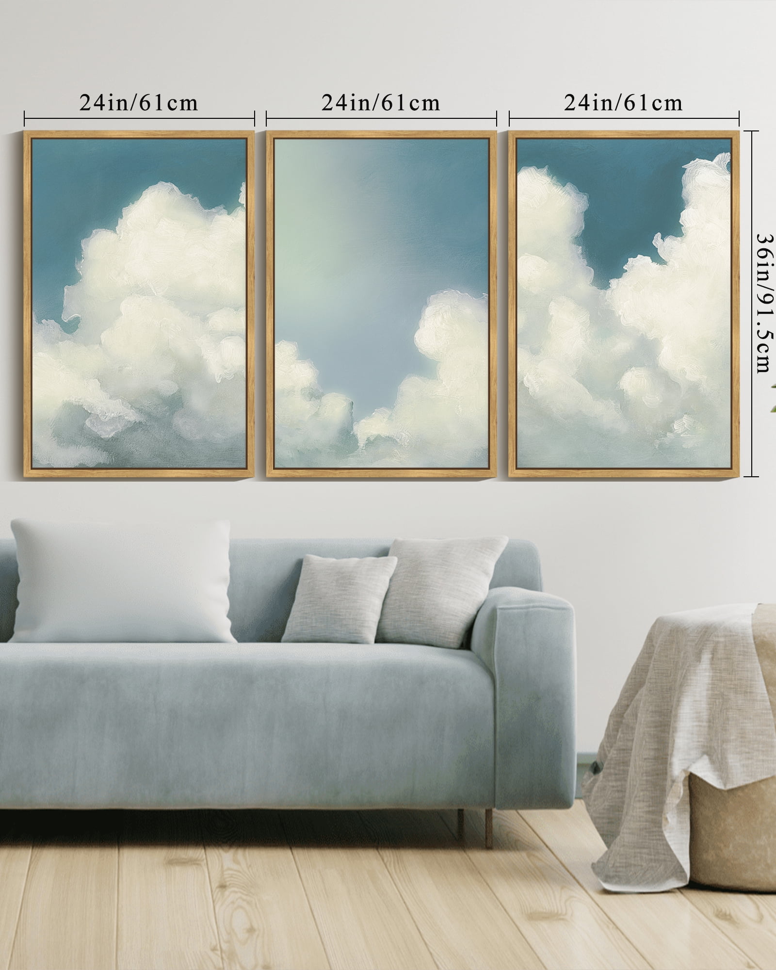 Drsoum Large 24x36in3pcs Natural Framed Cloud Framed Wall Art Cloudy Sky Natural Wall Decor Vintage Landscape Modern Painting Artwork for Living Room Bedroom