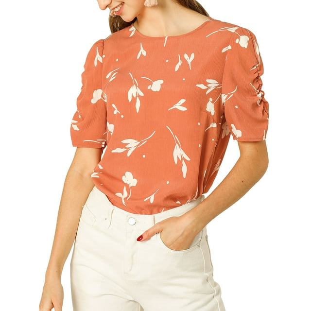 INSPIRE CHIC Hauts Froncés pour Femmes Col Ras du Cou Manches Courtes Dos Goutte d'Eau Blouse Florale L Corail