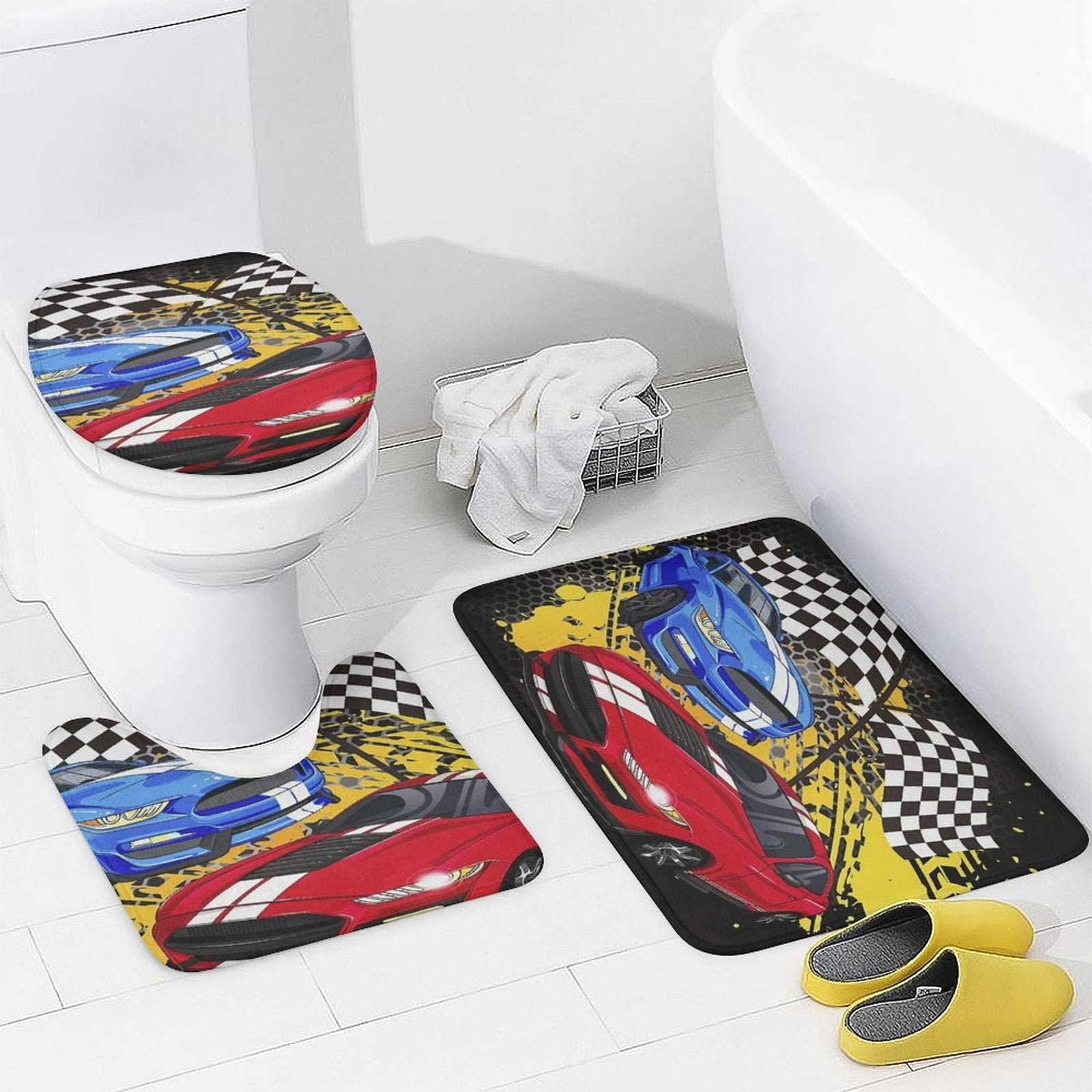 3D Cartoon Race Sports Car Shower Curtain Waterproof Bathroom Curtain Set with Hooks Home Decor Bathroom Curtains 4pcs