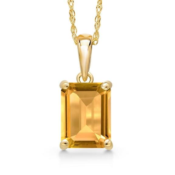 Gem Stone King 14K Yellow Gold Yellow Citrine Pendant Necklace | 1.65 Cttw | Gemstone November Birthstone | Emerald Cut 8X6MM | Gold Necklace for Women | With 18 inch Gold Chain