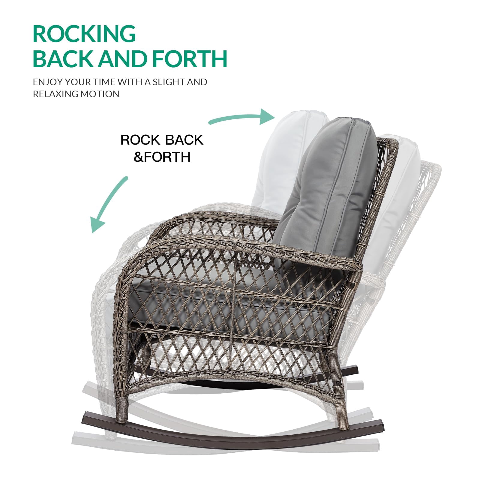VIVIJASON 5-Piece Outdoor Patio Wicker Conversation Sets, All Weather Outdoor Rattan Furniture Set Includes Glider Loveseat, 2 Coffee Table, 2 Rocking Chairs with Cushions for Backyard, Grey