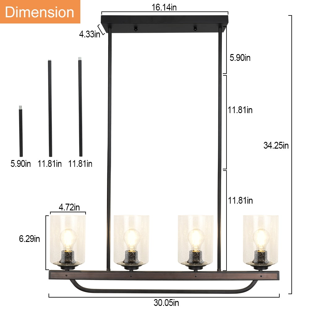 Depuley 4 Light Glass Pendant Light Rustic Track Ceiling Light Metal Wood Chandelier Lighting Fixture Hanging for Living Room Kichen Dining Restaurant, E26 Base