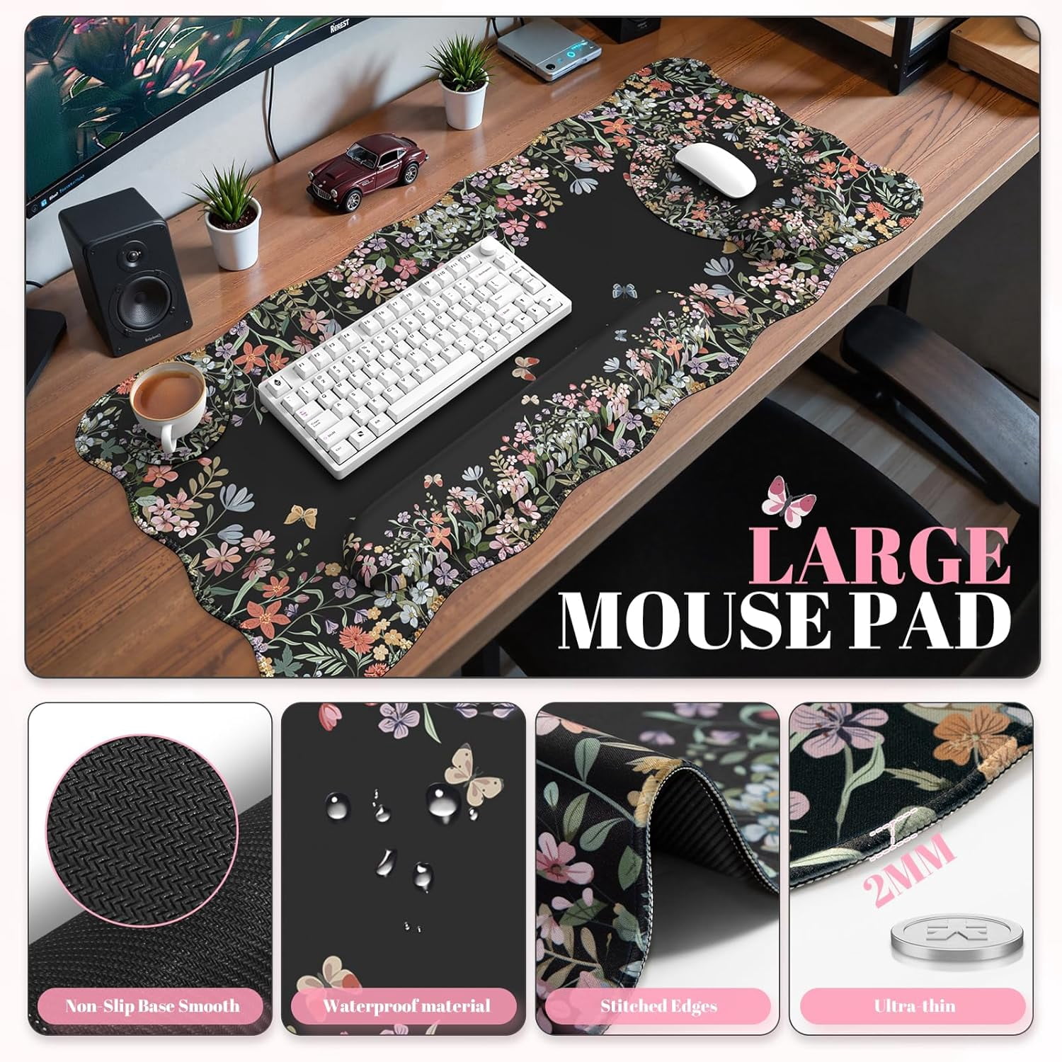 Desk Mat Set,Large Mouse Pad with Wrist Rest,Ergonomic Keyboard Wrist Support for Women,Girly Floral Computer Mat with Scalloped Edges,Non-Slip Desk Pad Home Office Gaming (Black)