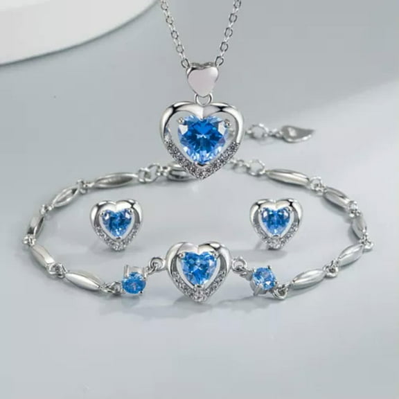 GKNET 925 sterling silver bracelet necklace earrings blue crystal heart Delicate Jewelry set-blue crystal