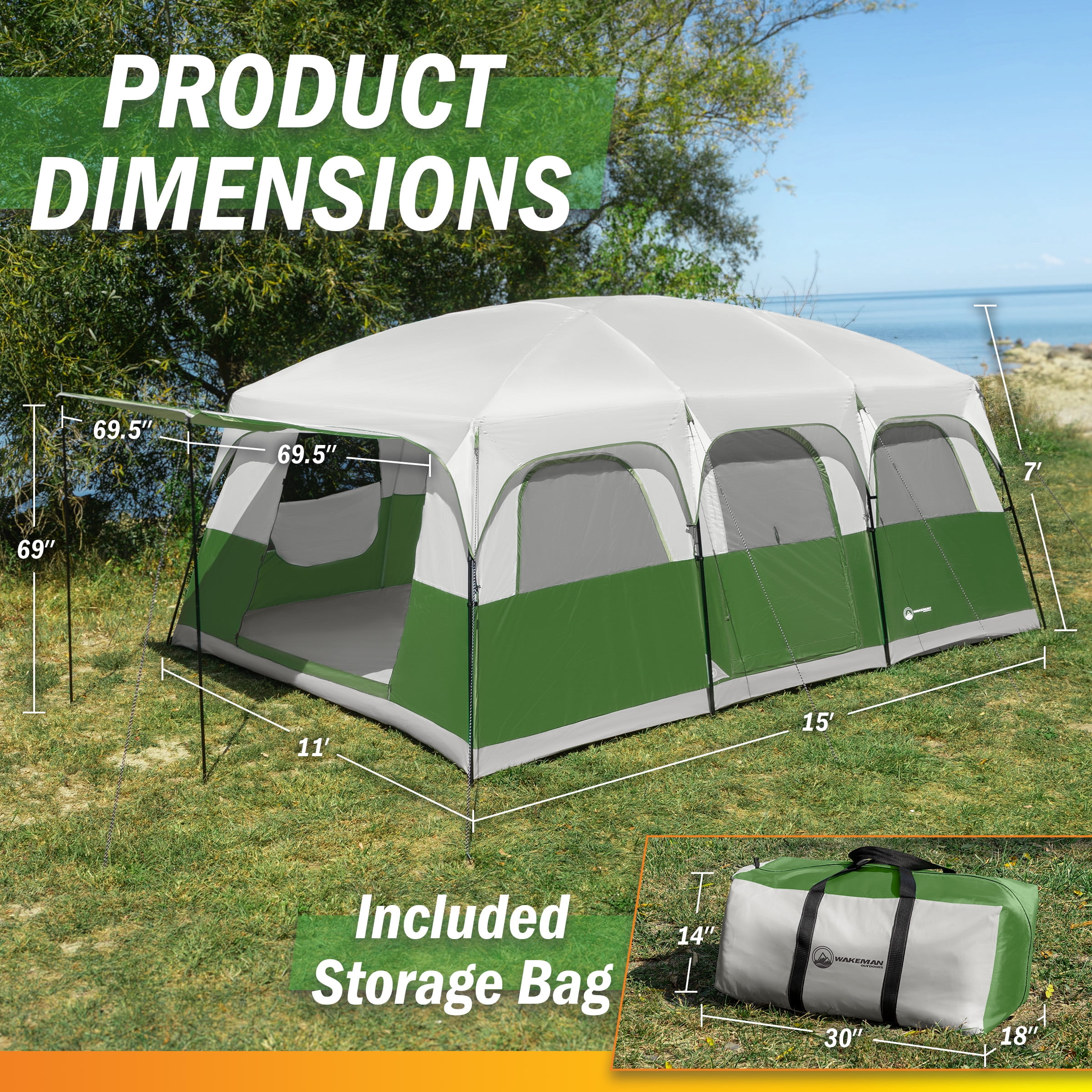 Wakeman Outdoors 12 Person Large Camping Tent - Tall Family Cabin Shelter with Room Dividers, Green