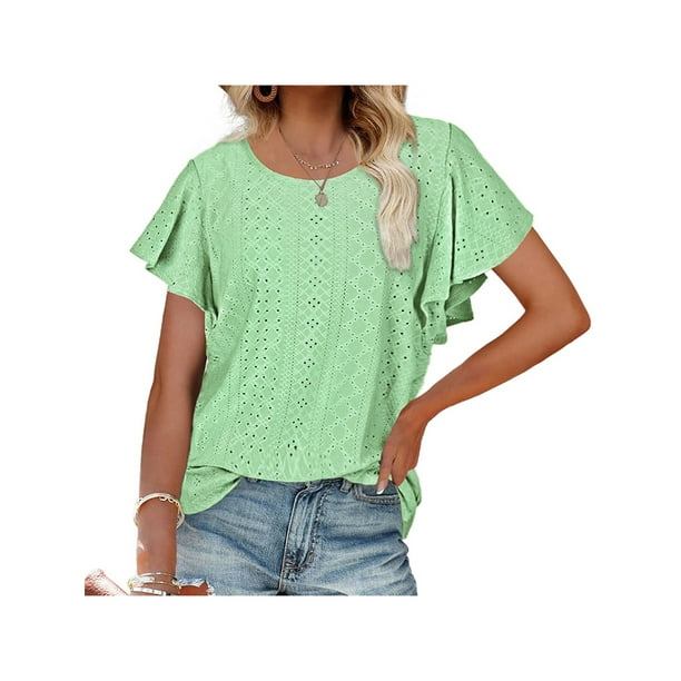 SAYOO Tops de mujer, cuello redondo con volantes, manga corta, ganchillo, hueco, suéter suelto, camiseta de color sólido SAYOO Moda