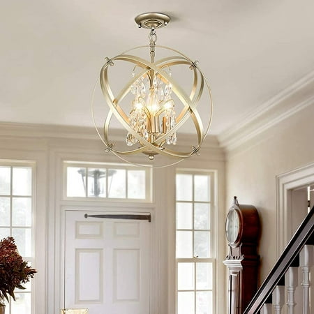

Maxax Globe 4 Lights Crystal Chandelier Industrial Sphere Cage Ceiling Lighting Raindrop Metal Shade