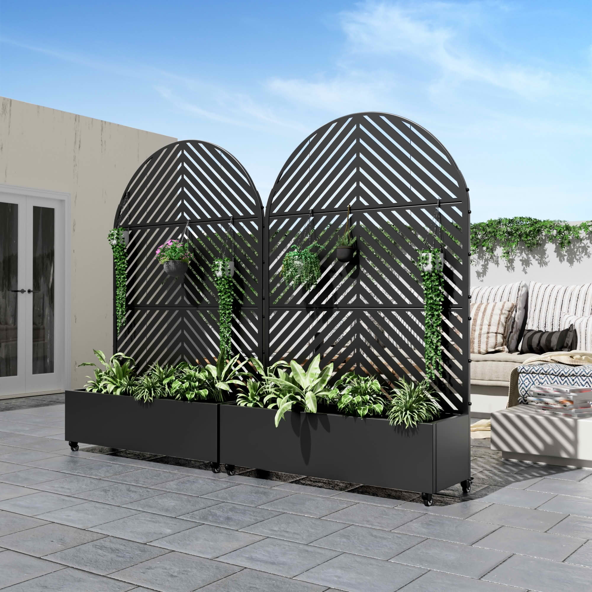 MAYEERTY 72x47x16 Inch Black Metal Arched Planter Box with Trellis, 3 Piece Set for Outdoor Garden & Patio