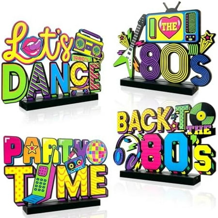 80s Party Decorations 4Pcs 80s Table Centerpieces 1980s Hip Hop Party Table Favors Retro 80's Table Toppers Centerpieces for 80s Theme Party Supplies