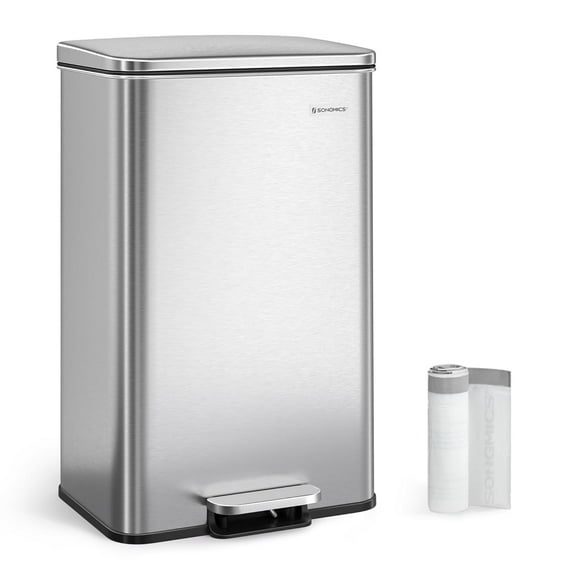 Kitchen Trash Can, 10.5 Gallon (40 L) Garbage Can, Large Step Trash Bin with Lid, Stainless Steel, Soft Close, 15 Trash Bags Included, Silver