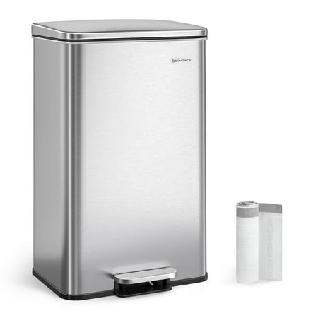 Kitchen Trash Can, 10.5 Gallon (40 L) Garbage Can, Large Step Trash Bin with Lid, Stainless Steel, Soft Close, 15 Trash Bags Included, Silver