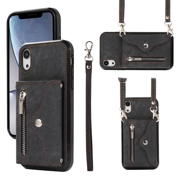 ELEHOLD Crossbody Wallet Case For iPhone XR,with RFID Card Slots Zipper Pocket Kickstand Function Shockproof Purse Case with Detachable Shoulder Strap,Black