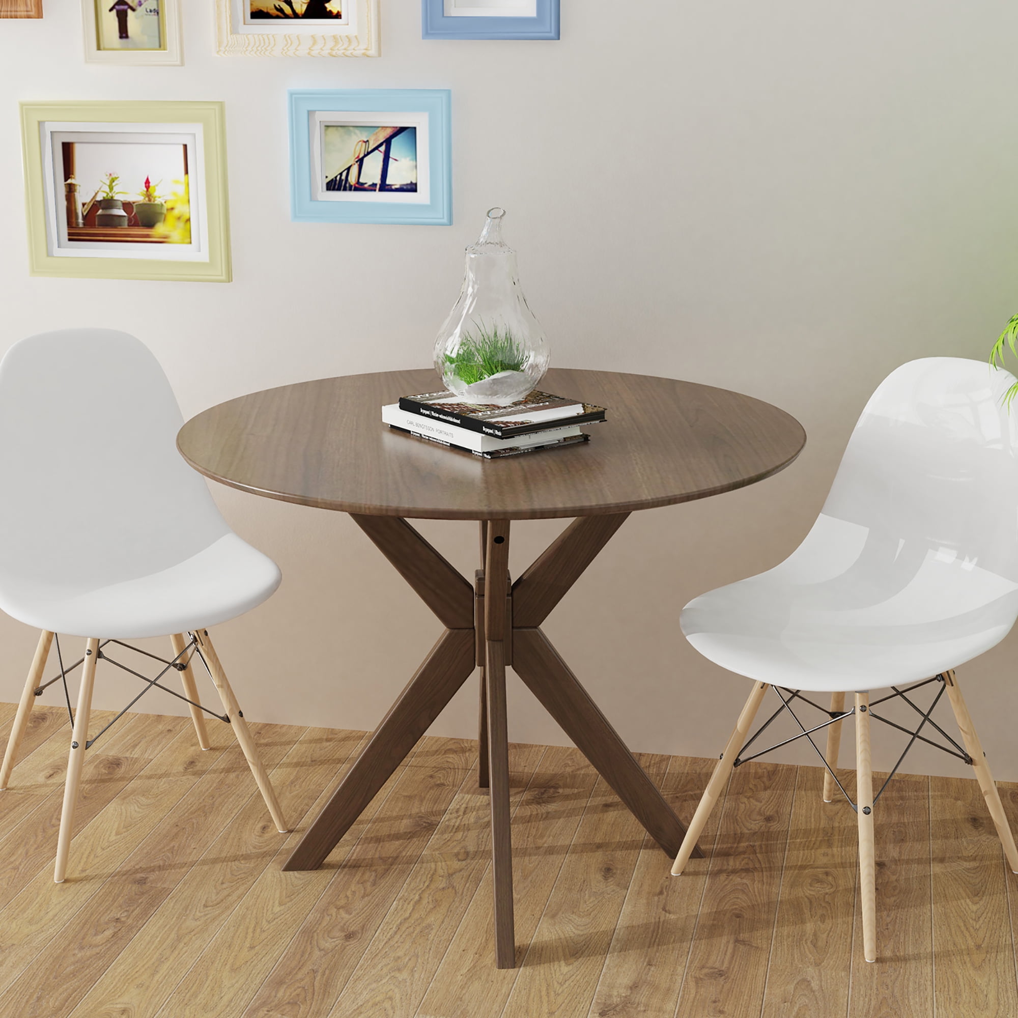 Costway Modern Round Wood Dining Table 35'' W/ Solid Wood Legs& Base for  Home, Office