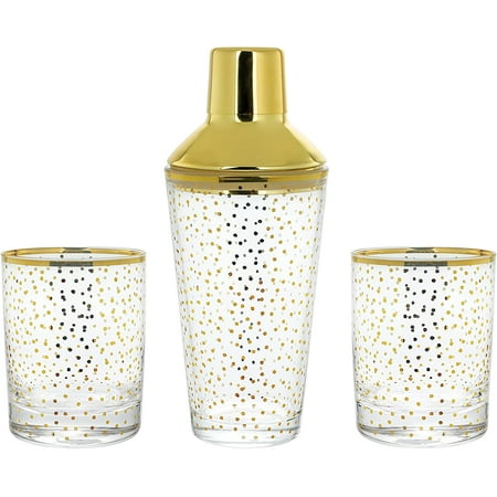 

American Atelier Cocktail Shaker with 2 Rock Glasses 3-Piece Set Home Bar Kit Old Fashioned Glasses for Whiskey and Bourbon 15-Ounce Capacity Shaker Gold