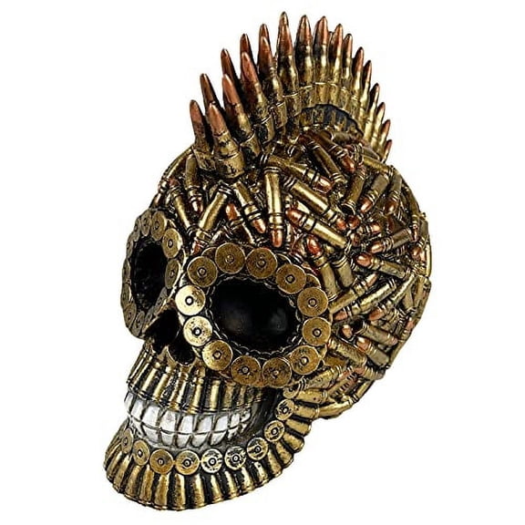 Urbalabs Billy Bullet Shells Steampunk Skull Mohawk Cartridge Casings Skull Statue Skeleton Head Figurine Hunting Skull Decor Bullet Art