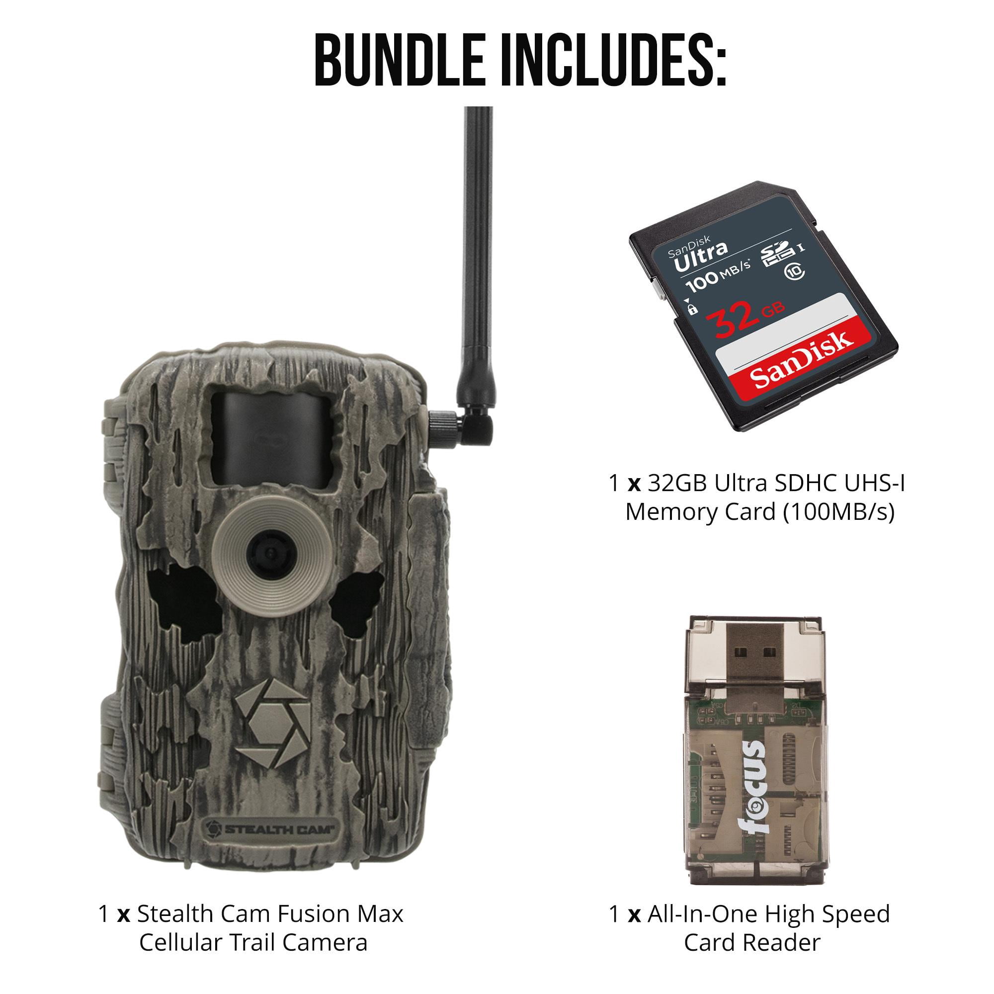 Stealth Cam 36MP Fusion Max Cellular Trail Camera with 80 Feet Detection Range with 32GB Memory Cards and Card Reader