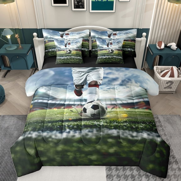 Homewish Soccer Gamer Twin Bedding Sets 7-Piece for Boys,Sport Theme Bedding Comforter Set Microfiber,Ball Gaming Breathable Sheet Sets,Microfiber Bedroom Decor,Reversible