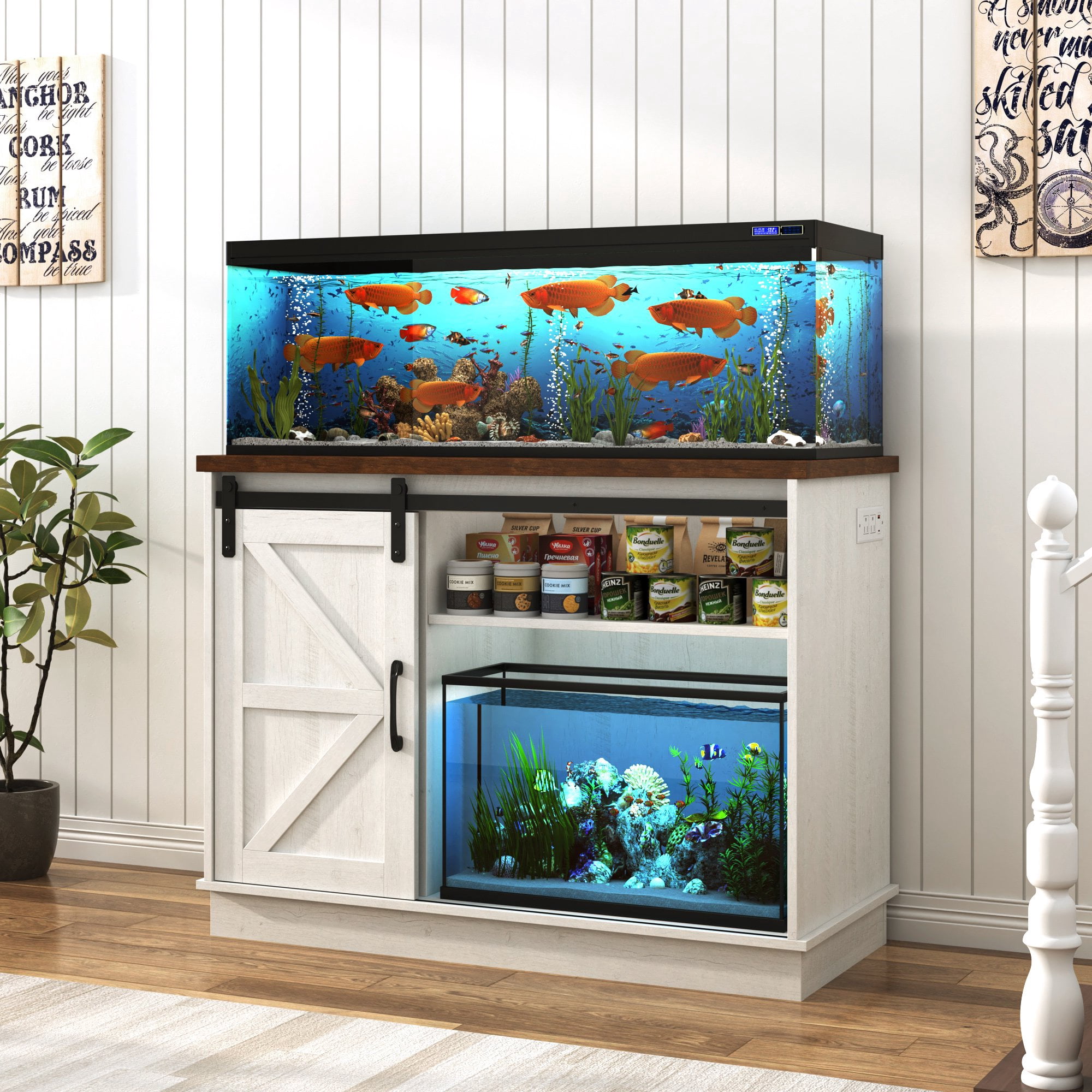Blotout Farmhouse 40-50 Gallon Fish Tank Stand with Power Outlet, 41.7"Aquarium Stand with Storage/Sliding Barn Door, Heavy Duty Tank Stand for 2 Fish Tank/Reptile Terrarium, 1000lbs Capacity,White