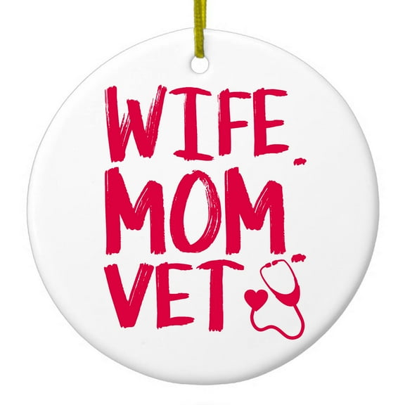 DistinctInk Hanging Ceramic Christmass Tree Ornament with Gold String - Great Gift / Present - 2 3/4 inch diameter - Wife. Mom. Vet.