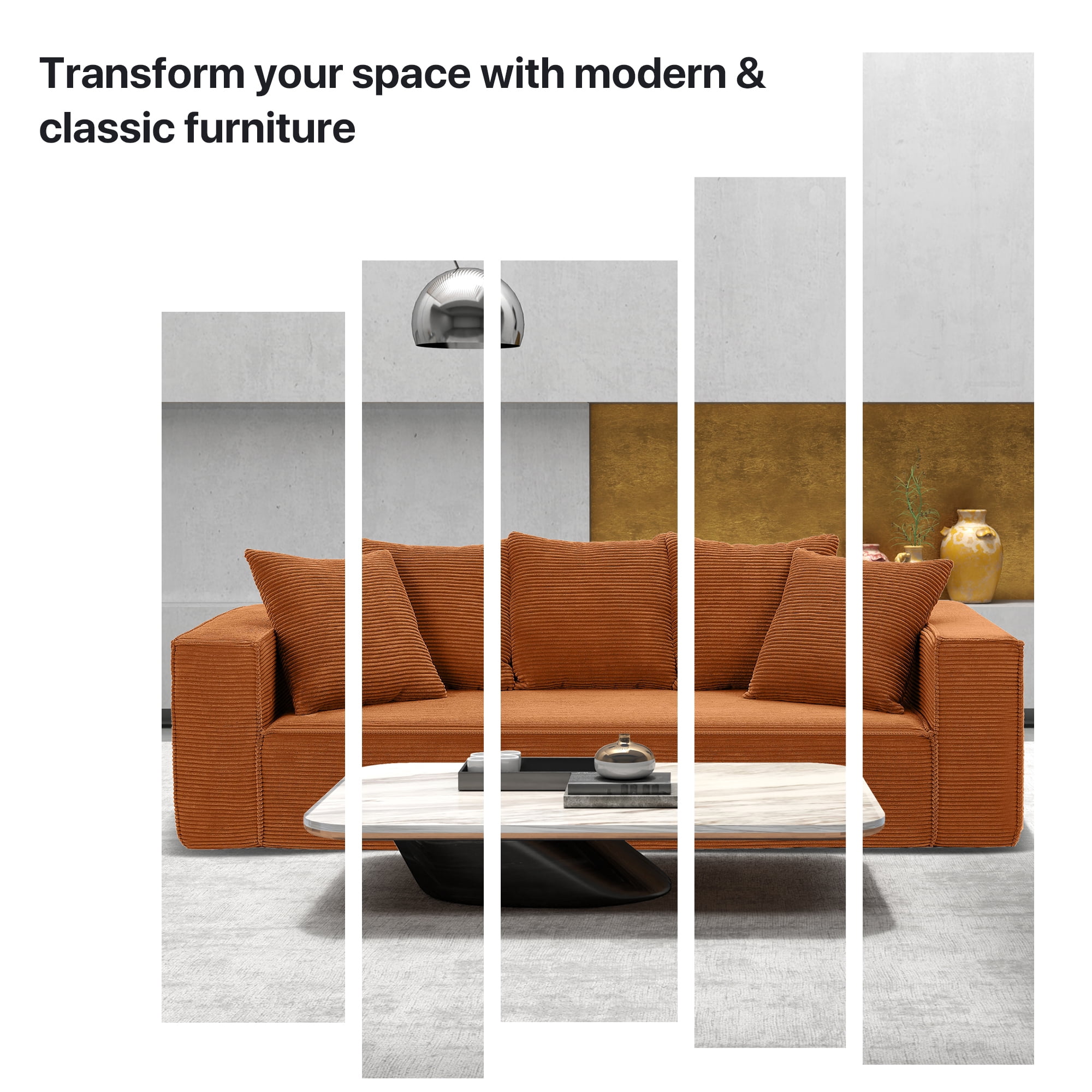 Aukfa 89" Upholstered Sleeper Sofa Couch, Corduroy Living Room Sofa,5 Pillows, Assemble-Free,Orange