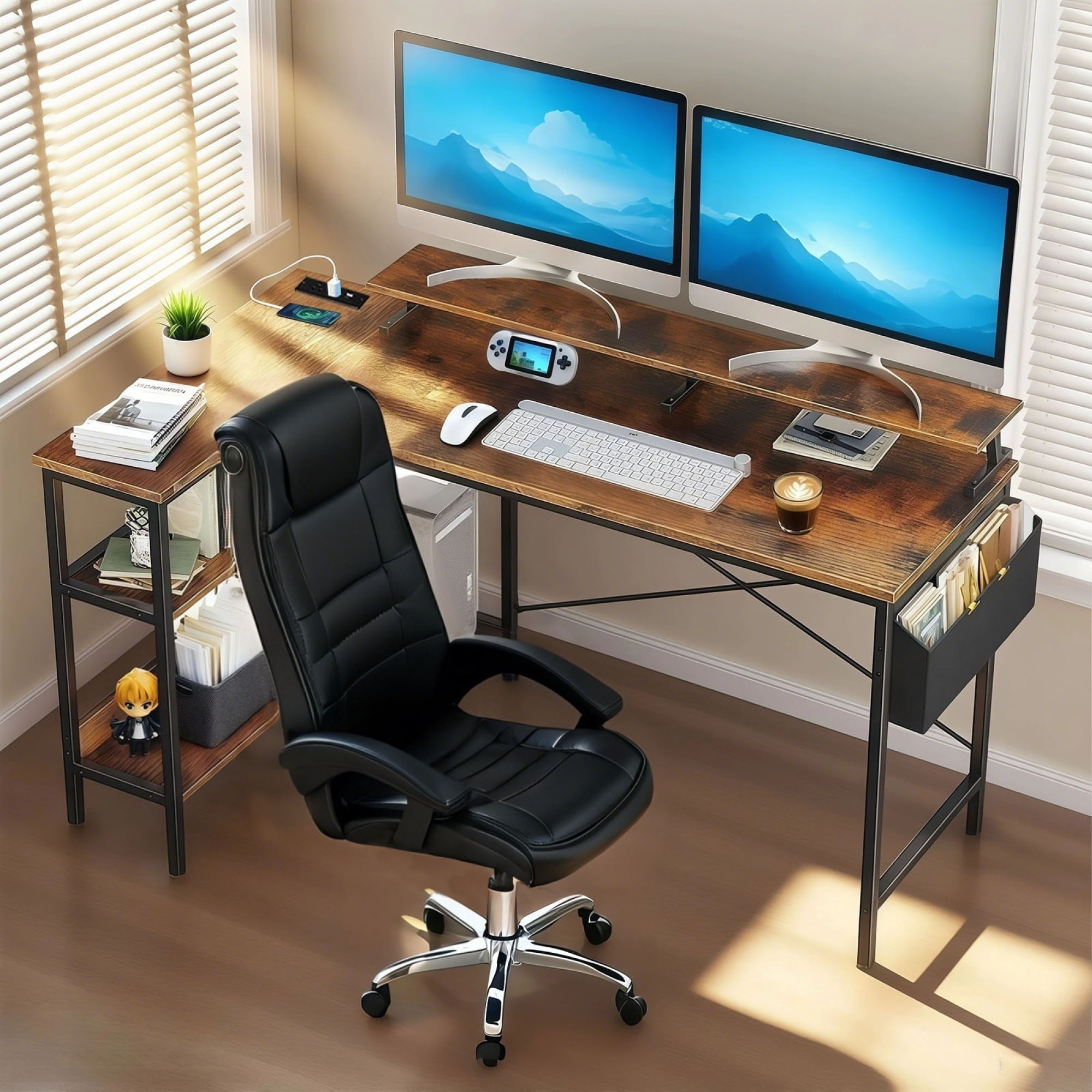 L Shaped Computer Desk with Monitor Stand 47'' Gaming Desk with Power Outlets, Office Desk with Side Bag for Home Office, Bedroom