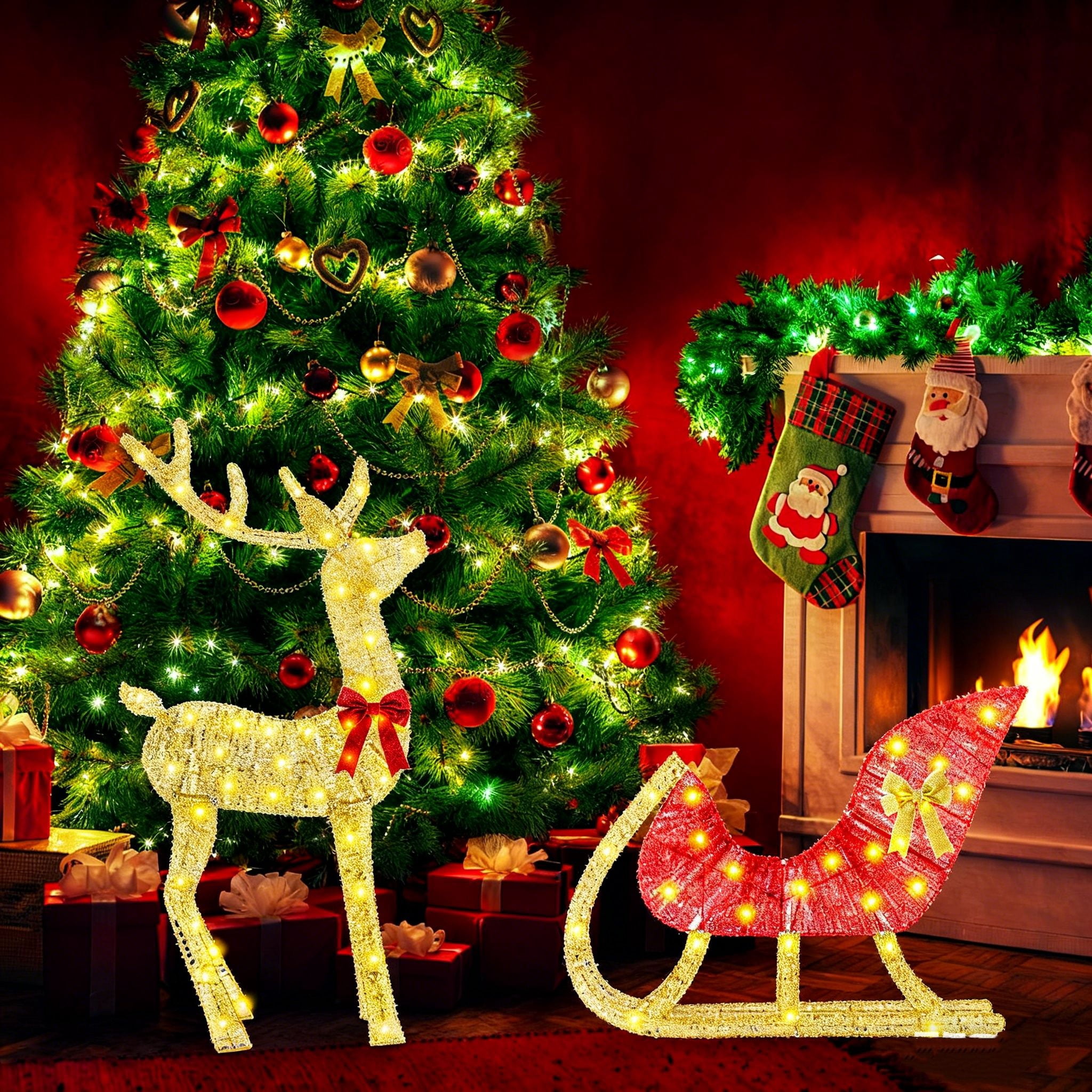 Christmas Reindeer & Sleigh Outdoor Decoration with Lights, 16.97ft LED String (Warm Yellow) 8 Modes, Sturdy Rustproof Iron Frame, Reusable Indoor Outdoor Decor for Yard Patio Party Office