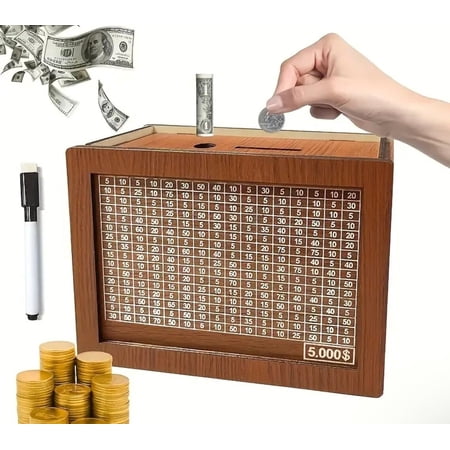 5,000 Savings Challenge Box, Wooden Money box for cash saving, Money Saving Box with Numbers, Cash Vault Wooden Saving Box, Wooden piggy bank with Erasable Pen, Alcancias De Dinero Para Adultos