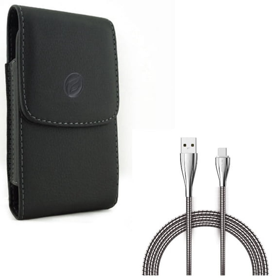 Holster Leather Case Belt Clip w Type-C 6ft Metal USB Cable A9L for Motorola Moto Z Force Droid G7 - OnePlus 5T, 6, 6T - Razer Phone 2 - Samsung Galaxy S9 Plus S10 Plus A50 - Xiaomi Mi 9
