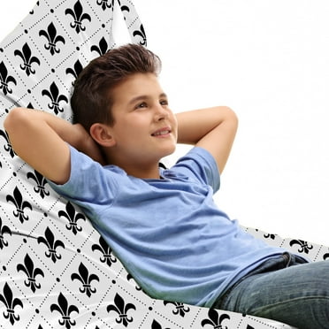 Fleur De Lis Lounger Chair Bag, French Culture Inspired Motifs Dotted Lines Medieval Design Floral Pattern, High Capacity Storage with Handle Container, Lounger Size, Black White, by Ambesonne