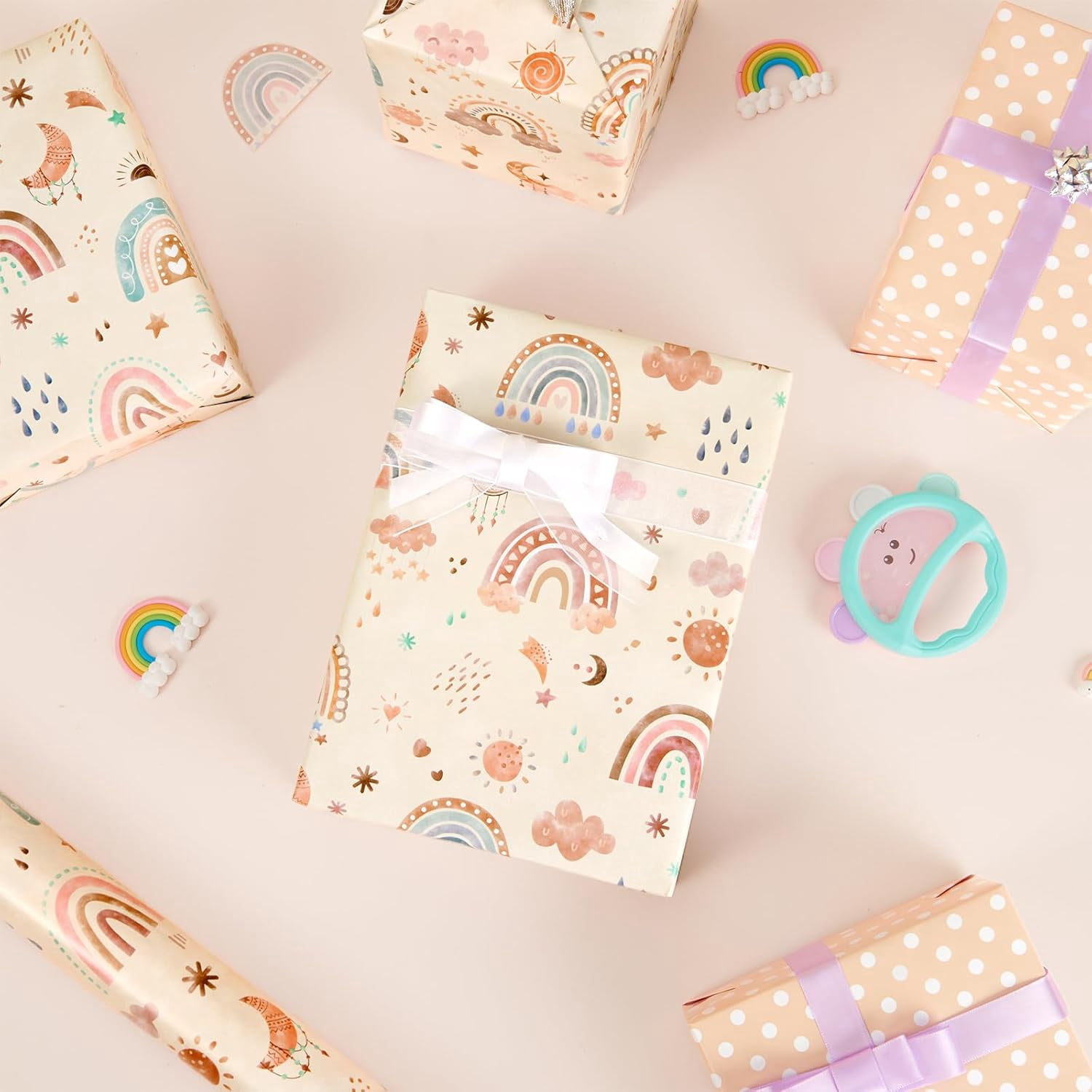 Rainbow Gift Wrapping Paper Roll - 1 Roll 17” x 33 ft  Baby Shower Wrapping Paper New Baby Girl Wrapping Paper for Kids Birthday Party Favor Reversible Polka Dot Design