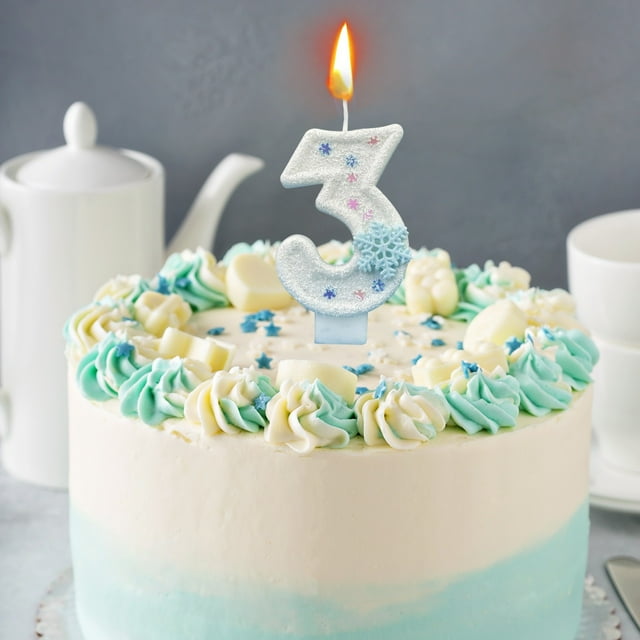 Velas Digitales de Cumpleaños con Temática de Hielo y Nieve (0-9 Años) | Decoraciones de Copos de Nieve para Tartas con Lentejuelas Azules | Velas de Cera para Fiestas de Cumpleaños de Niños y Niñas