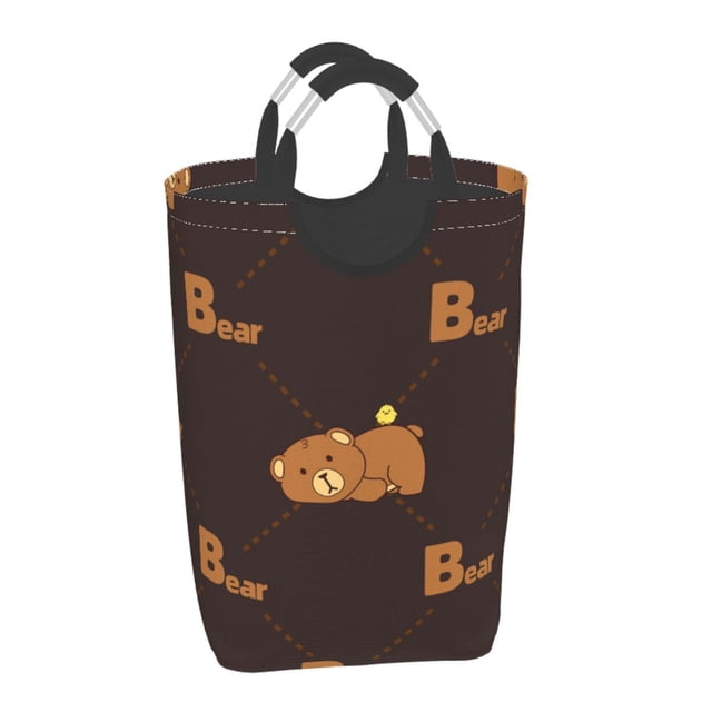 Waterproof Collapsible Laundry Hamper, Cute Brown Bear Aluminum Handle Laundry Bag Storage Basket, 50L