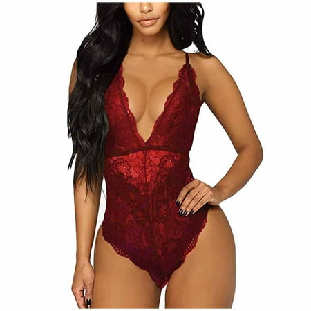 

Women One Piece Lingerie Deep V Teddy Sexy Lace Bodysuit Solid Sedin Seductive Tempting Sexy Halter Jumpsuit Suit