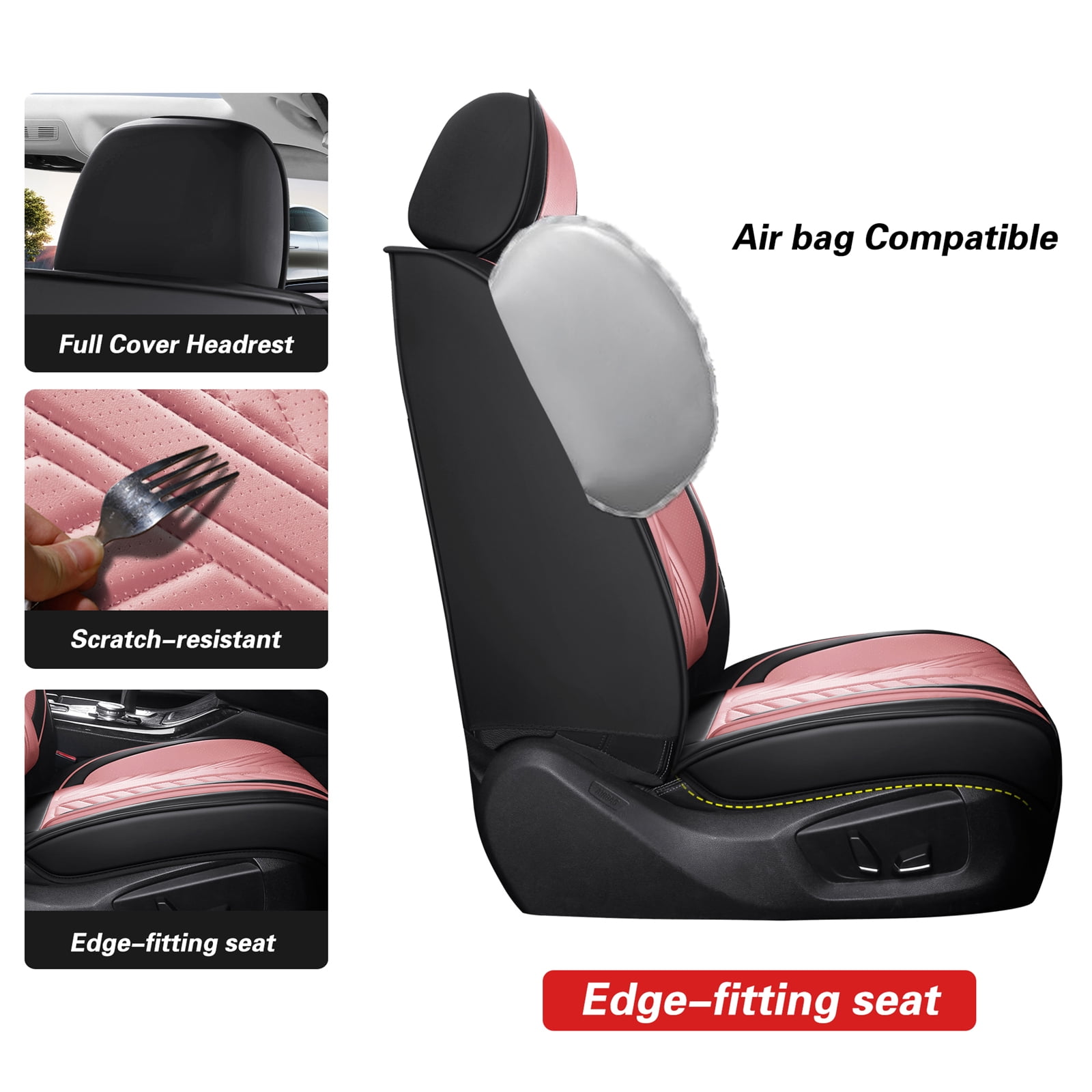 OTOEZ Universal Pink Car Seat Cover Nappa Leather 5-Seat Full Set Waterproof Front & Rear Cushion Protector Fit Most Honda Toyota Chevy Ford Nissan SUV