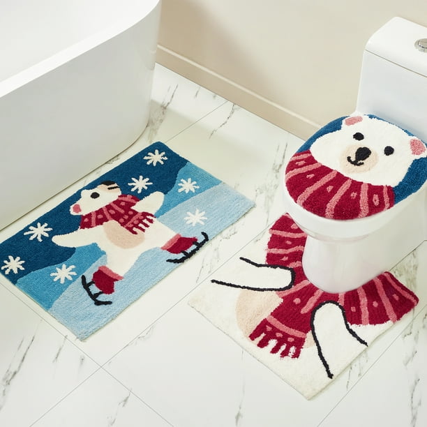 Holiday Time Polar Bear Navy Cotton/Polyester Bath Rug Set, Non-Slip, 3 Pieces