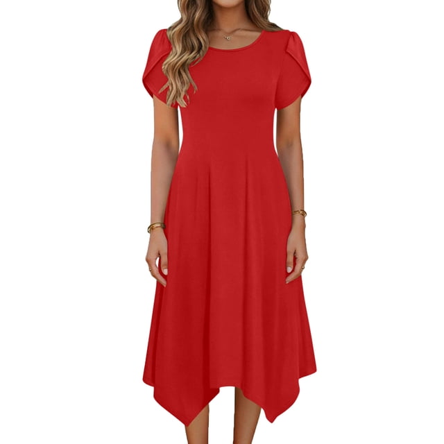 TaTaai Short Sleeve Flutter Sleeve Dress Women's Solid Color Round Neck Midi Dress Casual Irregular Hem Lightweight Stretchy Wear Gift