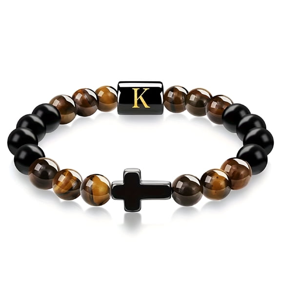 DESIGNICE Apipee Mens Bracelet, Cross Bracelet Letter A-Z Initial Bracelet for Men Onyx Tigers Eye Beaded Bracelet Religious Christian Bracelet Anniversary Gifts for Men Dad Husband Mens Jewelry