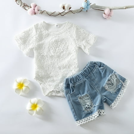 

RPVATI Newborn Infant Baby Toddler Clothes Short Sleeve Lace Bodysuit + Denim Shorts Set Summer Clothes Set