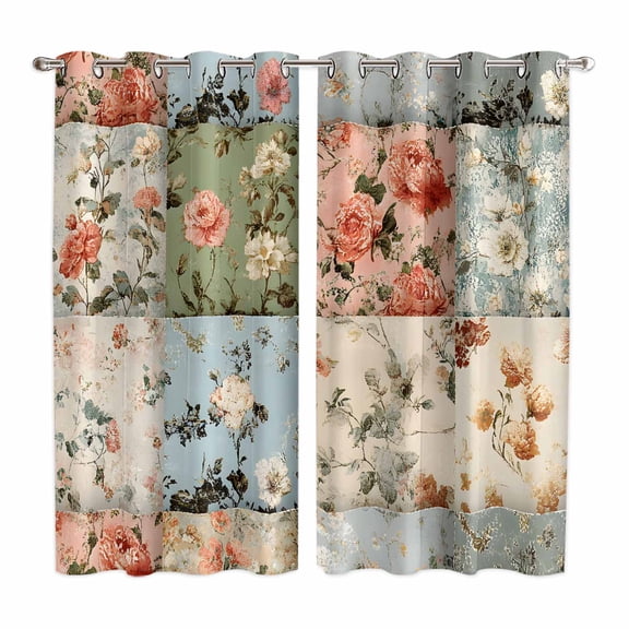 Spring Floral Kitchen Curtains 63 Inch Length, Elegant Checkered Summer Botanical Farmhouse Grommet Top Bedroom Living Room Curtains, Light Filtering Cafe Curtain Drapes 2 Panels Set 84''x63''